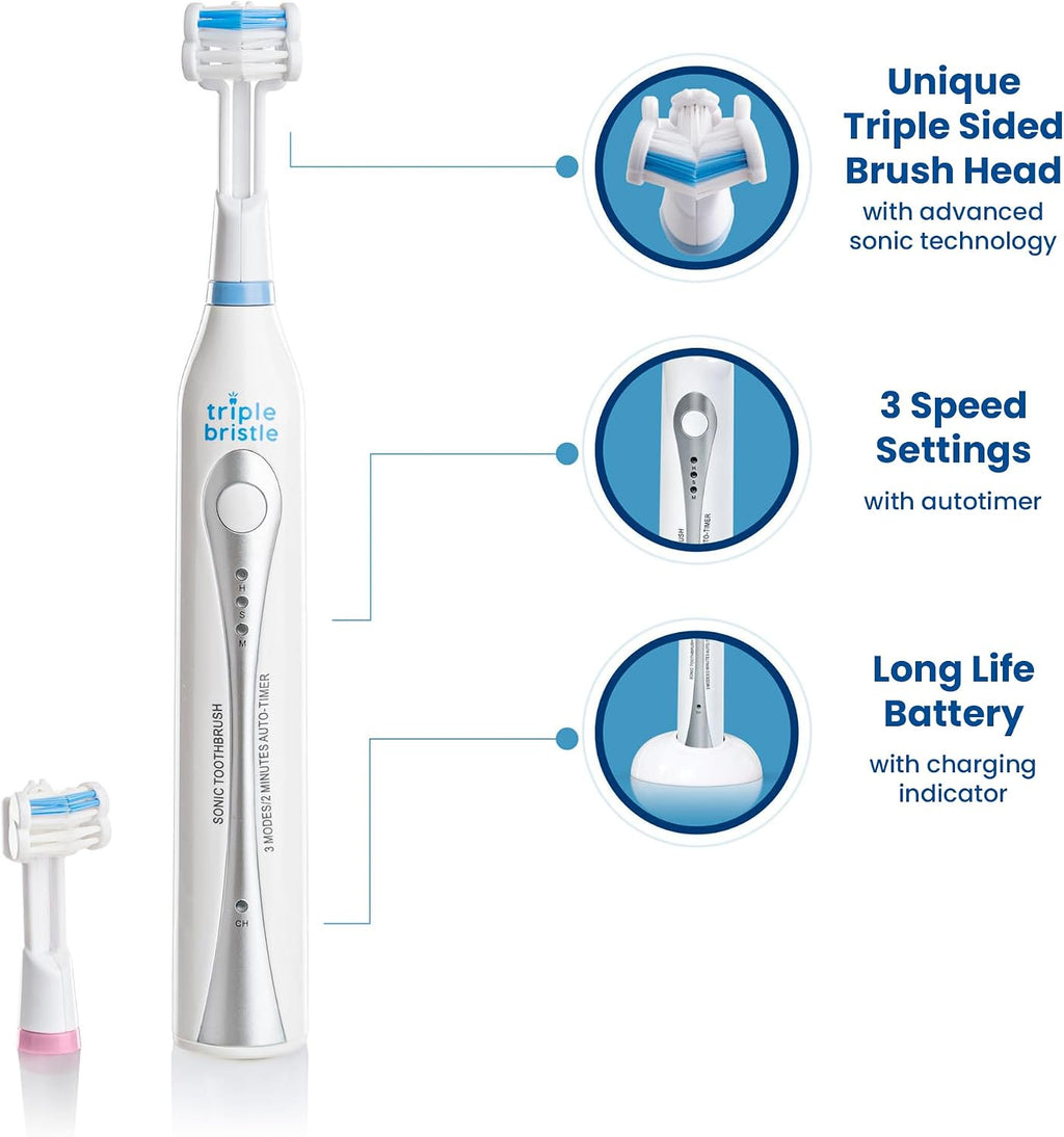 Triple Bristle Sonic Toothbrush – Rechargeable 31,000 VPM 3-Head Electric Brush