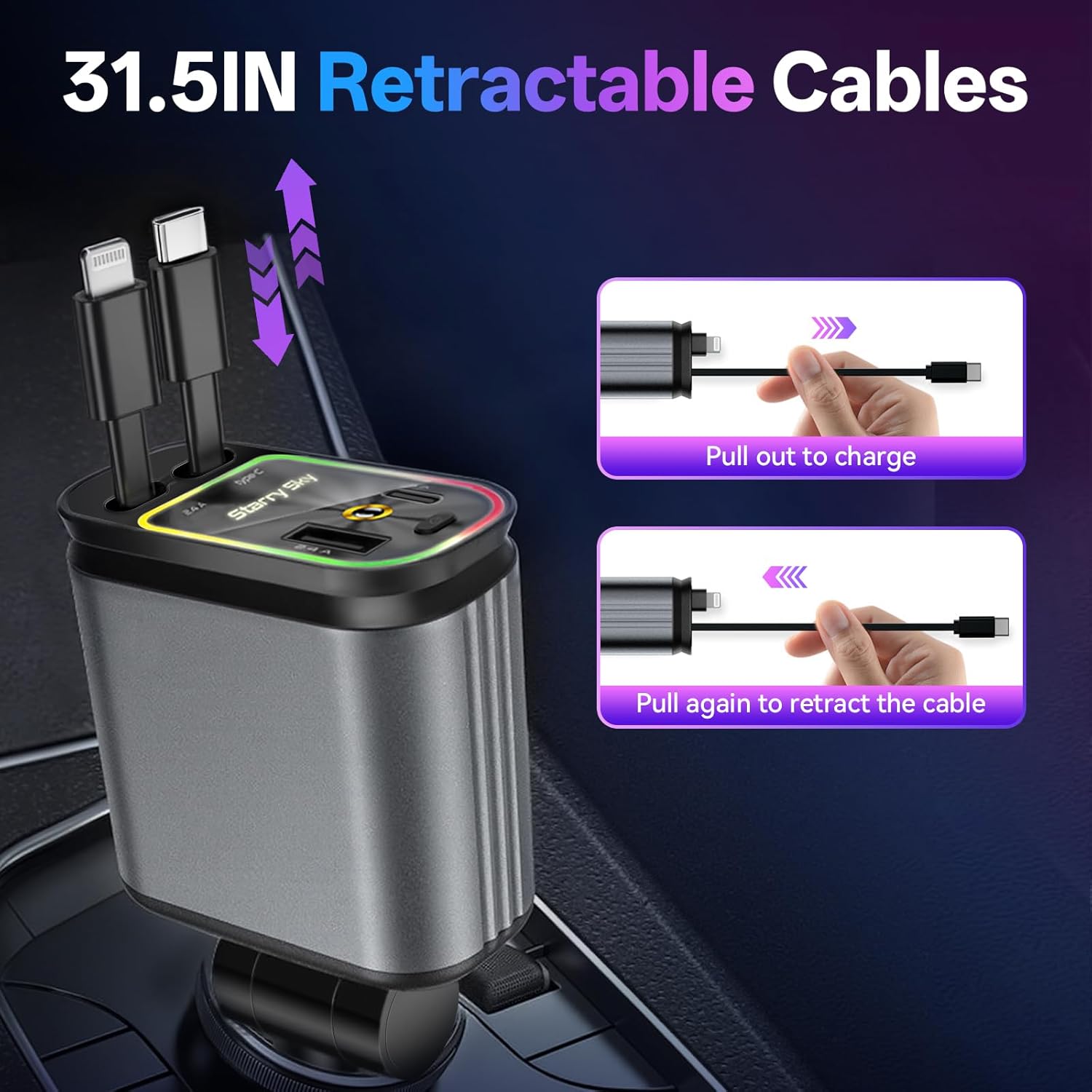 4-in-1 Car Charger with Retractable Cables – Fast USB-C Starry Light Adapter