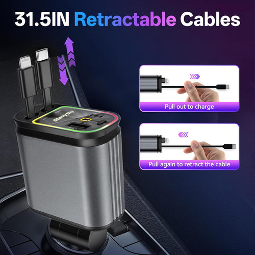 4-in-1 Car Charger with Retractable Cables – Fast USB-C Starry Light Adapter