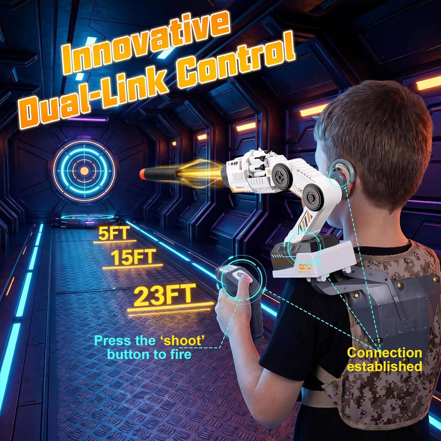 Head Tracking Robot Arm Gel Blaster - Shoulder-Mounted Water Bead Blaster Toy, Hands-Free Aim, 23ft