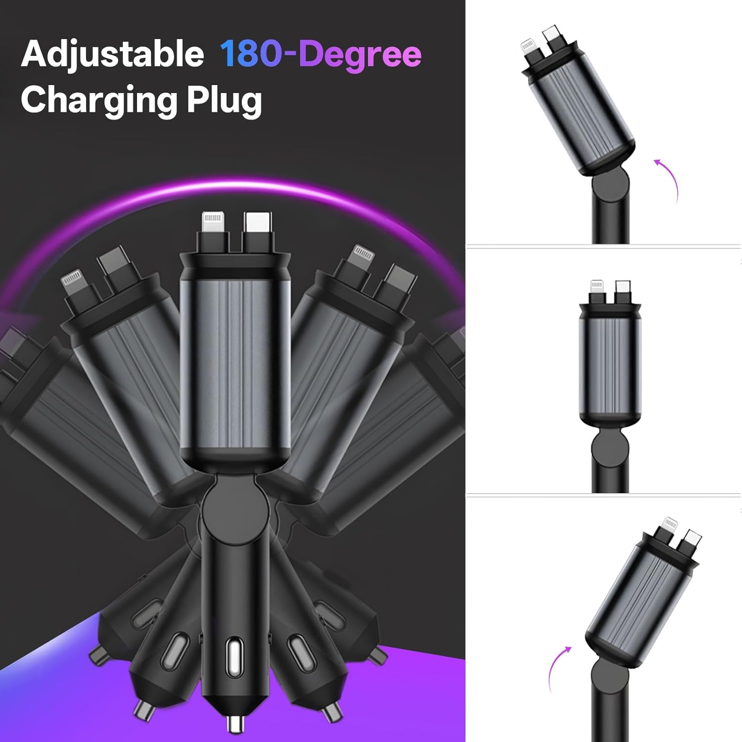 4-in-1 Car Charger with Retractable Cables – Fast USB-C Starry Light Adapter