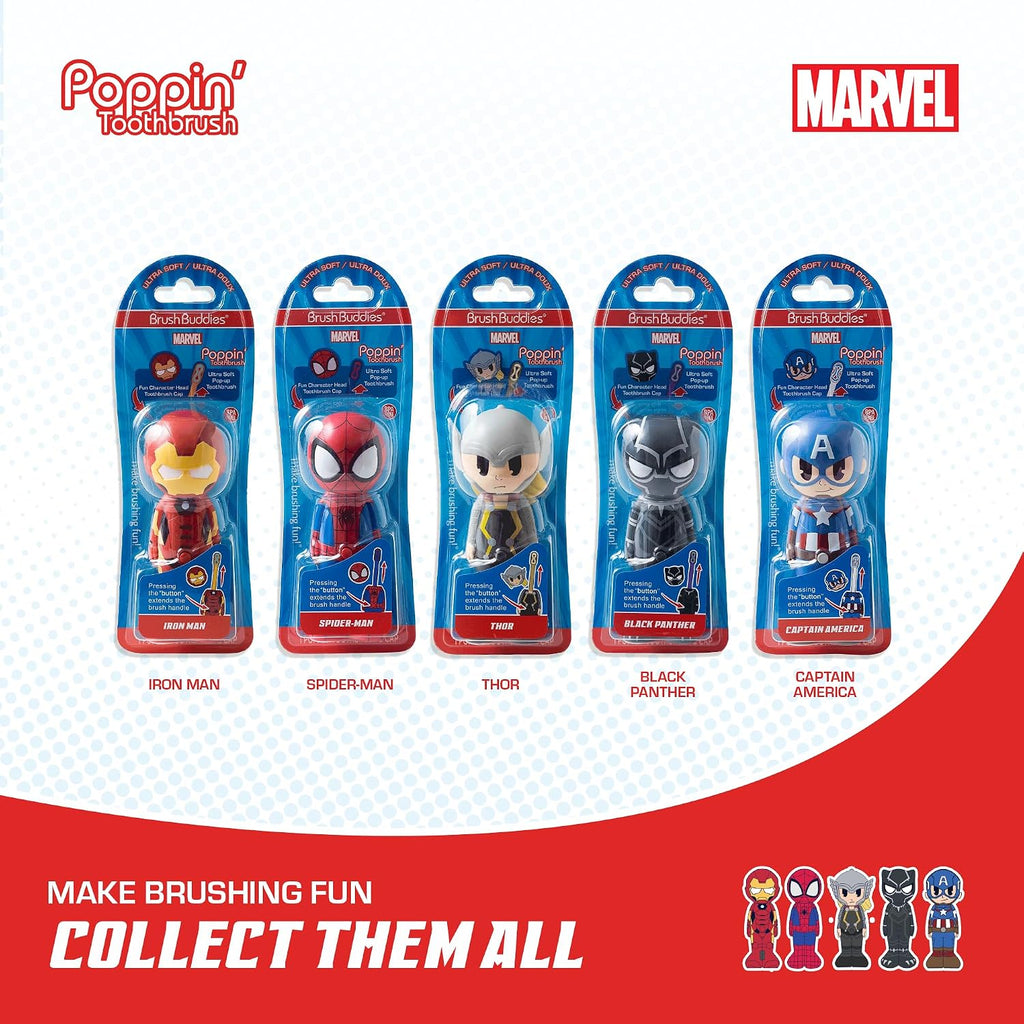 Brush Buddies Marvel Poppin' Kids Toothbrush – Soft Bristle Brush with Cover
