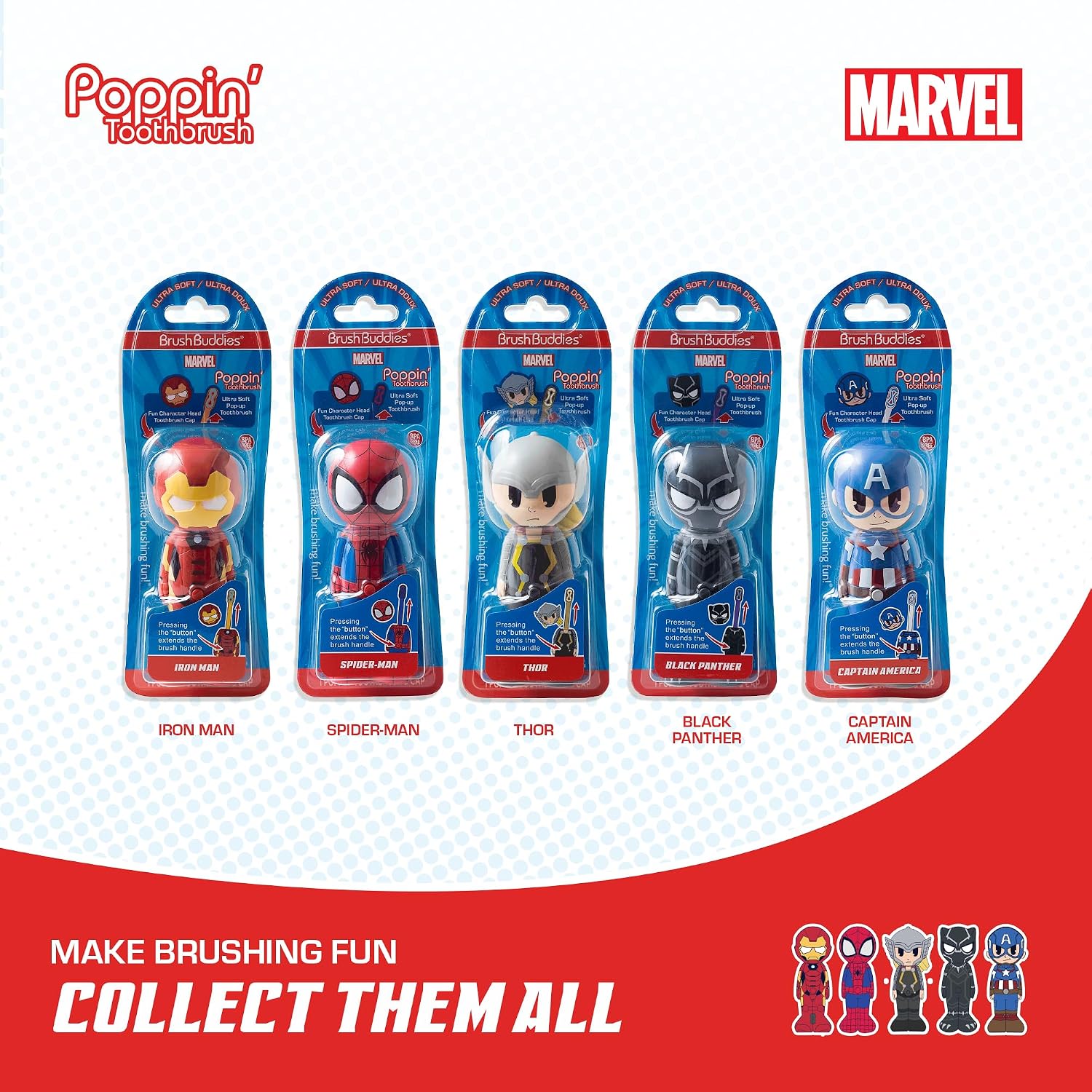 Brush Buddies Marvel Poppin' Kids Toothbrush – Soft Bristle Brush with Cover