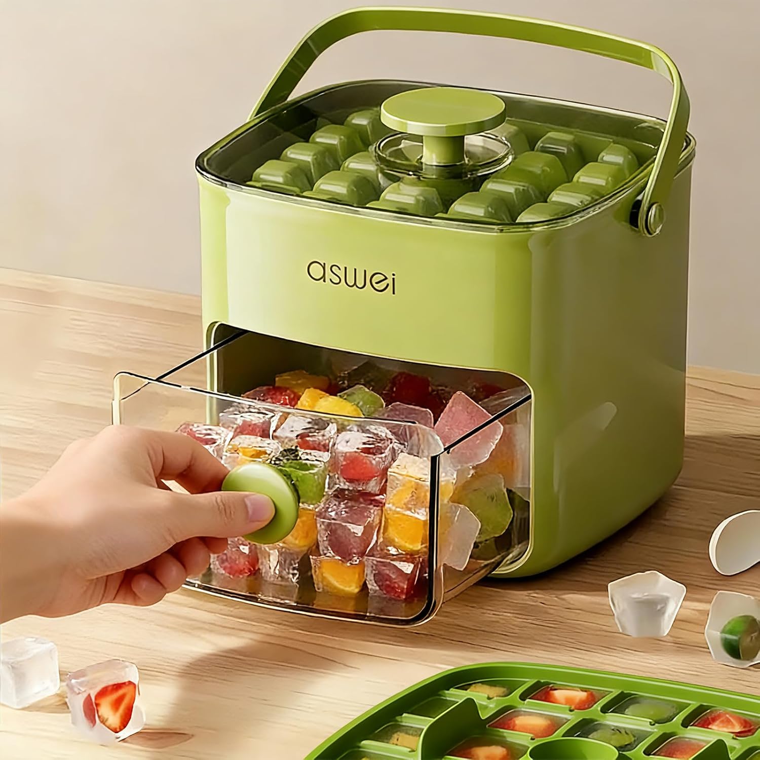 Ice Cube Tray with Lid & Bin – One-Touch Easy Release Silicone Ice Maker
