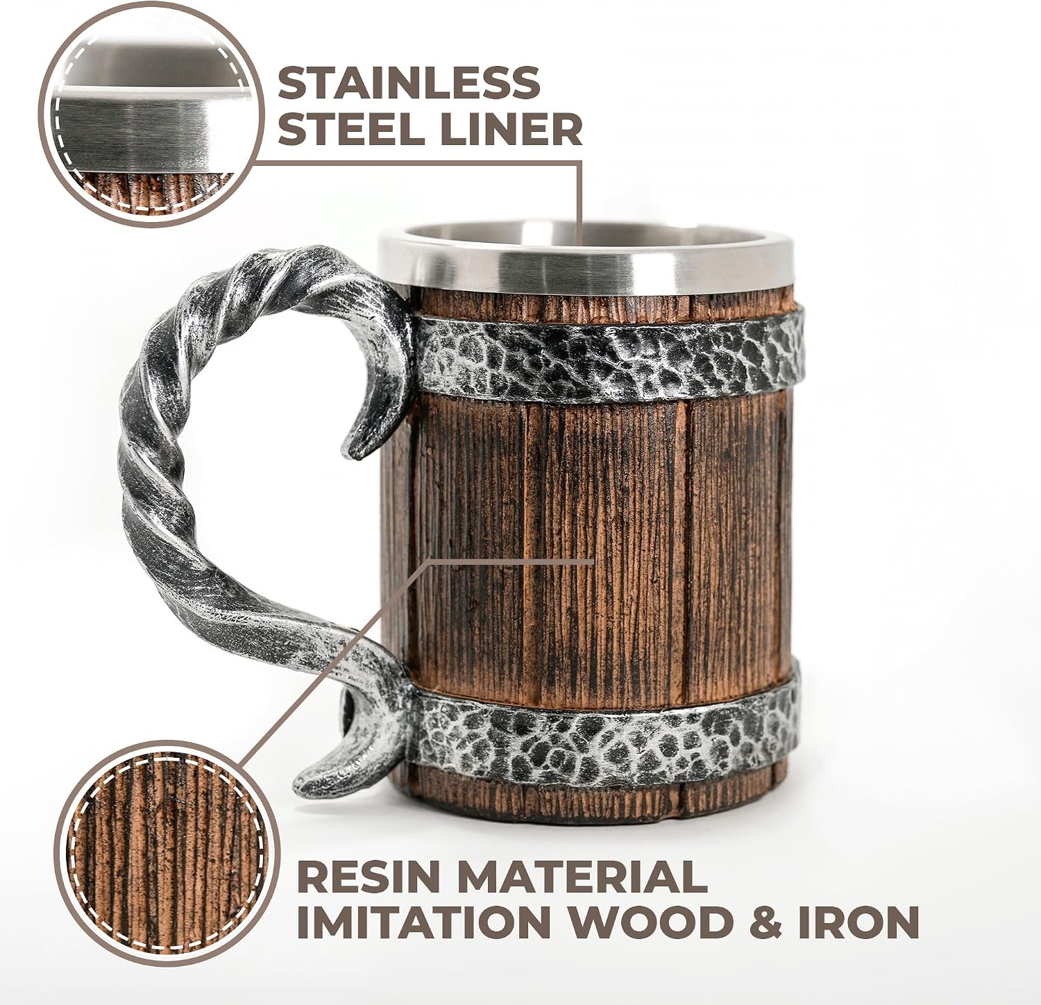 Viking Beer Mug 20 oz – Medieval Barrel Tankard with Stainless Steel Liner