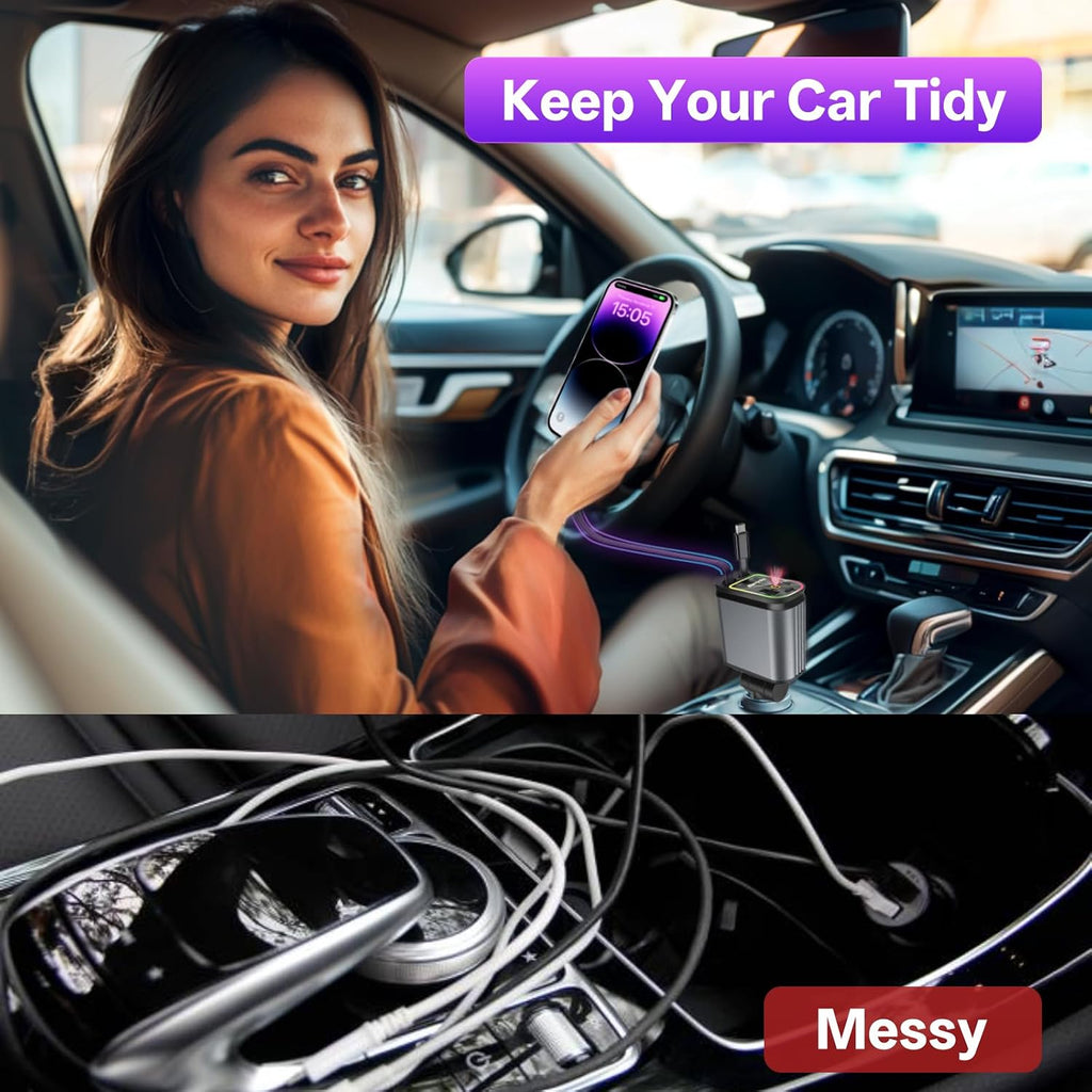 4-in-1 Car Charger with Retractable Cables – Fast USB-C Starry Light Adapter