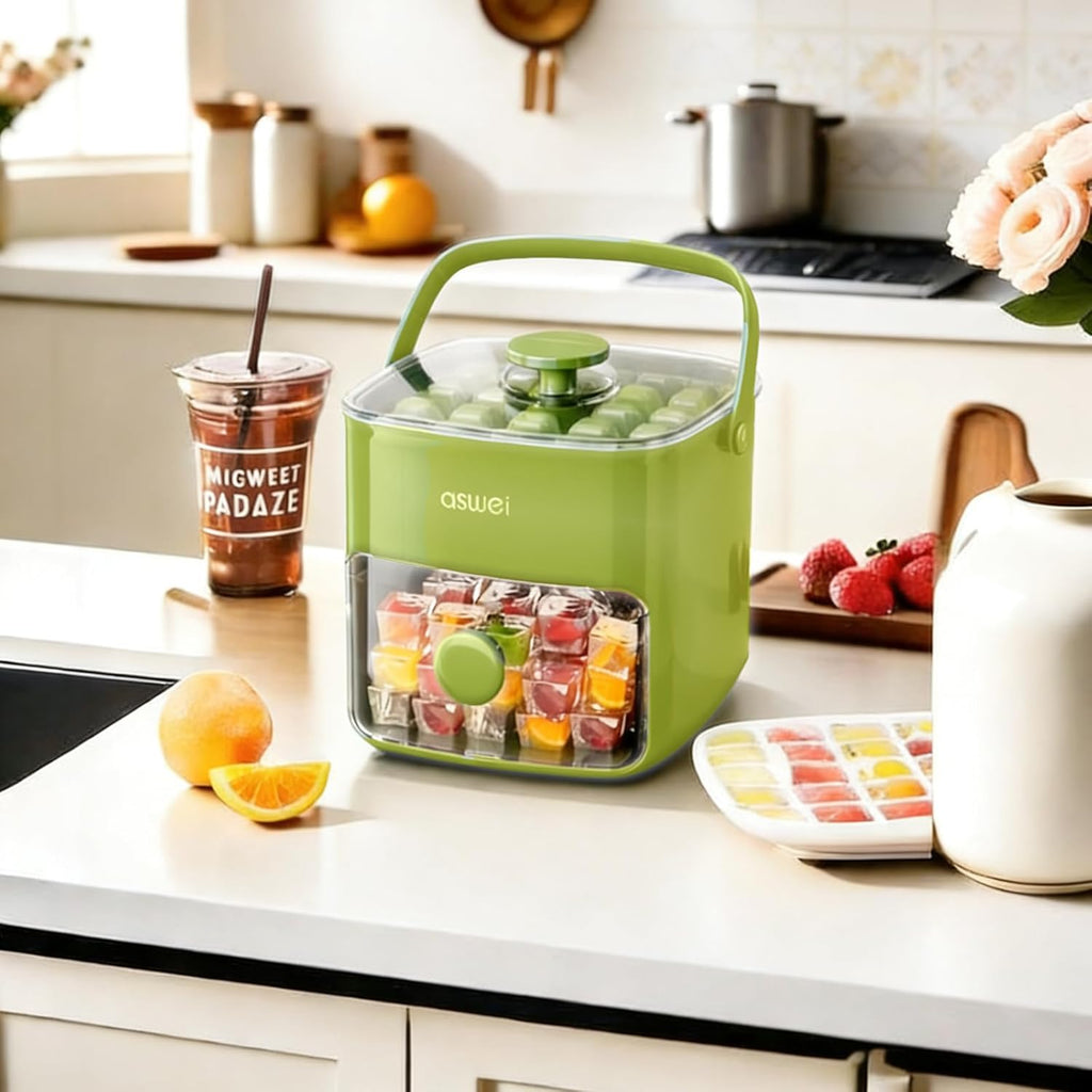 Ice Cube Tray with Lid & Bin – One-Touch Easy Release Silicone Ice Maker
