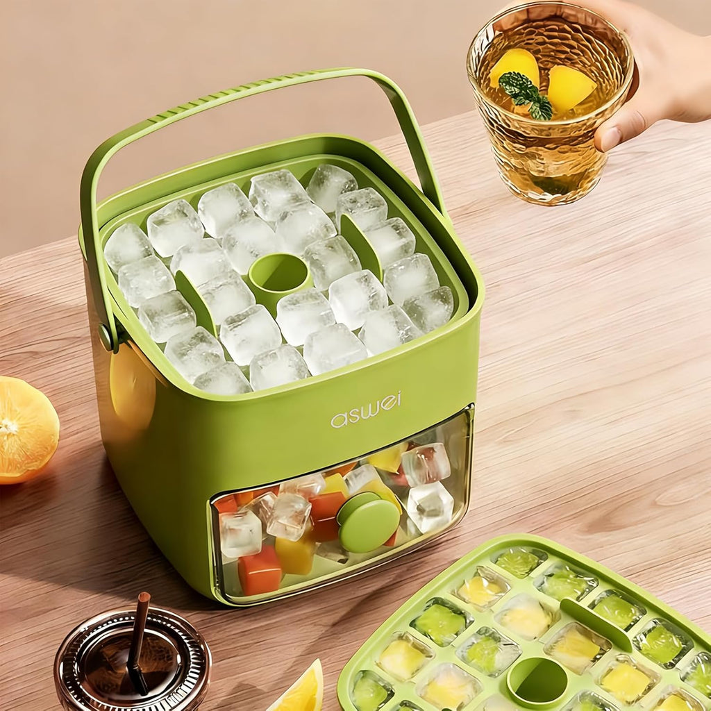 Ice Cube Tray with Lid & Bin – One-Touch Easy Release Silicone Ice Maker