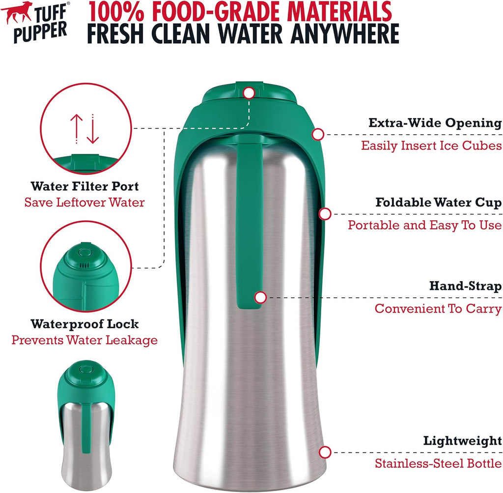 Dog Water Bottle with Bowl – 40 oz Stainless Steel Portable Pet Travel Bottle