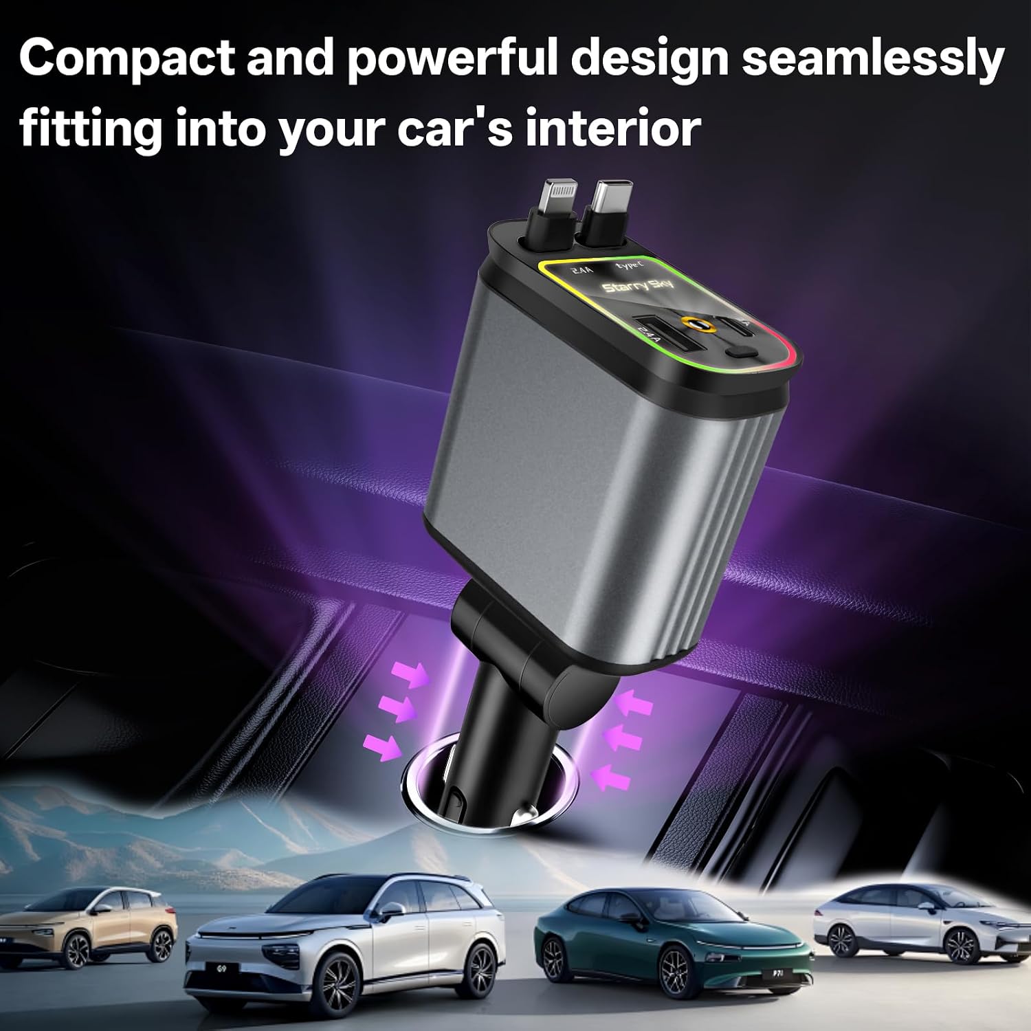 4-in-1 Car Charger with Retractable Cables – Fast USB-C Starry Light Adapter