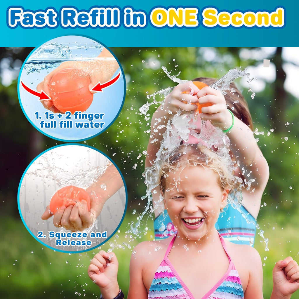 Reusable Water Balloons - Silicone Refillable Water Balls for Kids & Adults, Quick Fill Summer Pool Toy