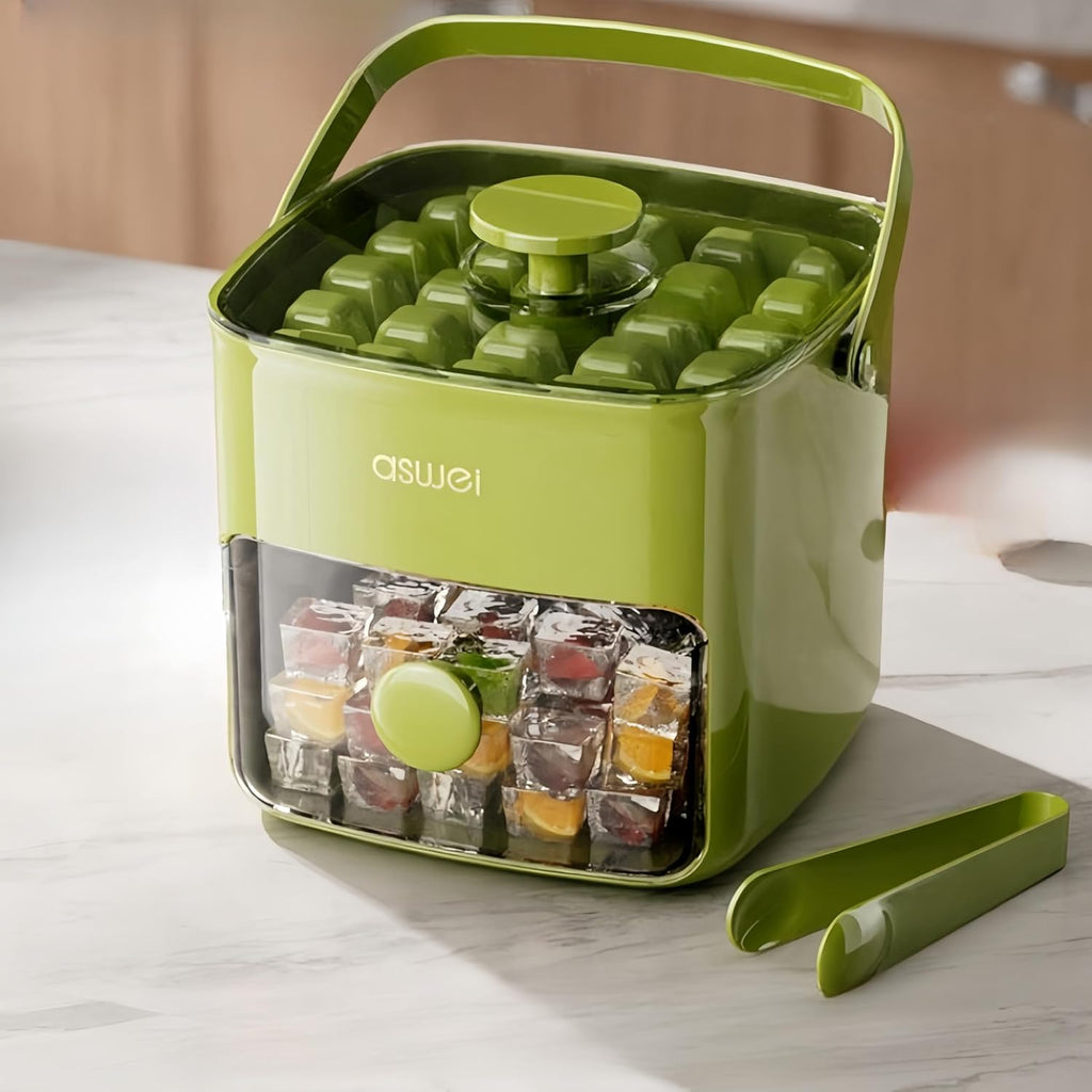 Ice Cube Tray with Lid & Bin – One-Touch Easy Release Silicone Ice Maker