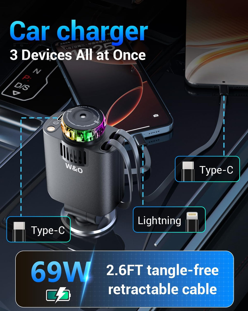 5-in-1 Retractable Car Charger – 69W Fast Charge with Starlight & Aromatherapy