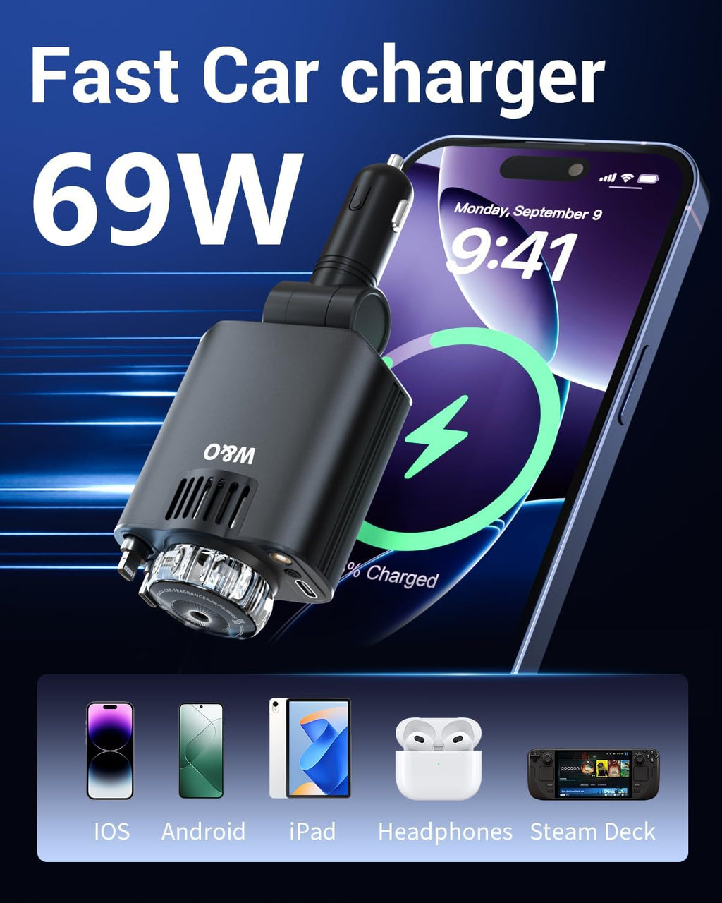 5-in-1 Retractable Car Charger – 69W Fast Charge with Starlight & Aromatherapy