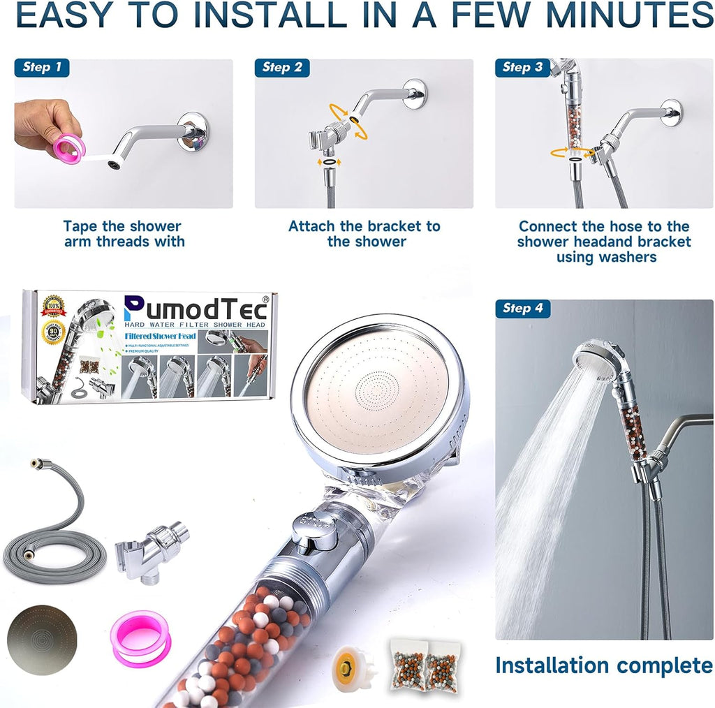 High Pressure Filtered Shower Head – 4 Mode Handheld with Mineral Water Softener