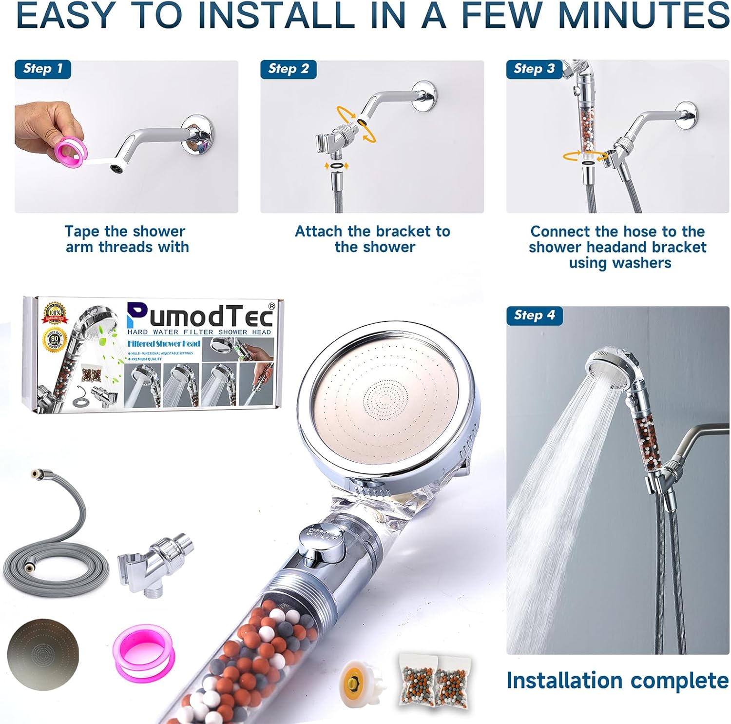 High Pressure Filtered Shower Head – 4 Mode Handheld with Mineral Water Softener